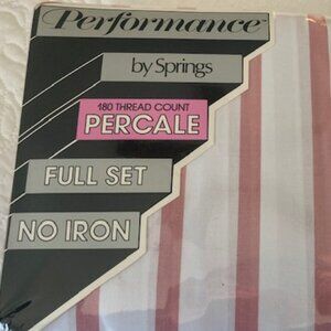 Percale Full Sheet Set, White with Pink Stripes